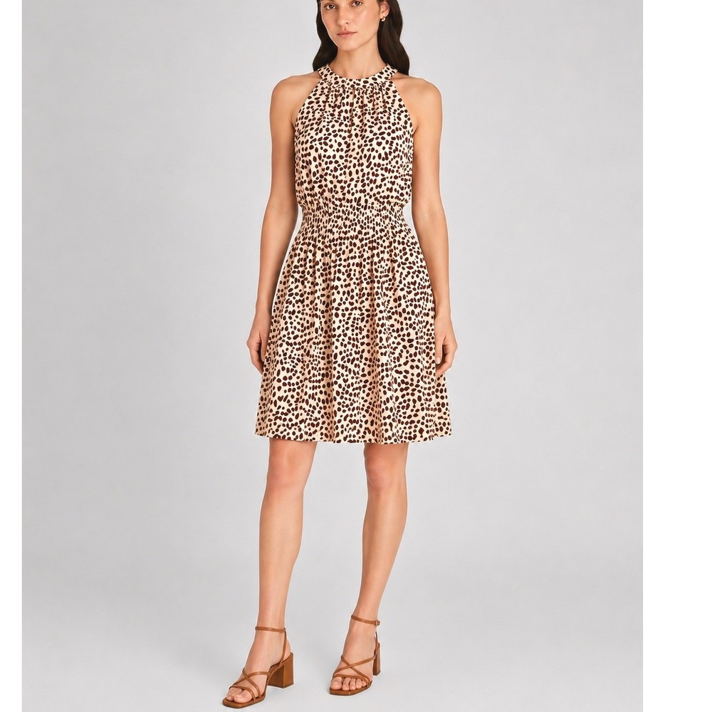 Coeur de Vague Halter Mini Dress Brown Cream Abstract Print New XL